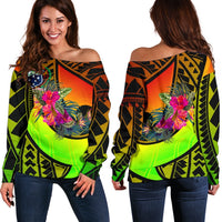 Samoa Women's Off Shoulder Sweater - Polynesian Hook And Hibiscus (Reggae) - Polynesian Pride