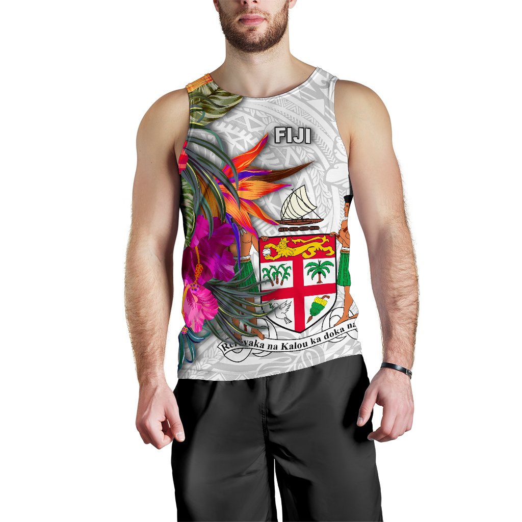 Fiji Polynesian Men's Tank Top - Hibiscus White Pattern - Polynesian Pride