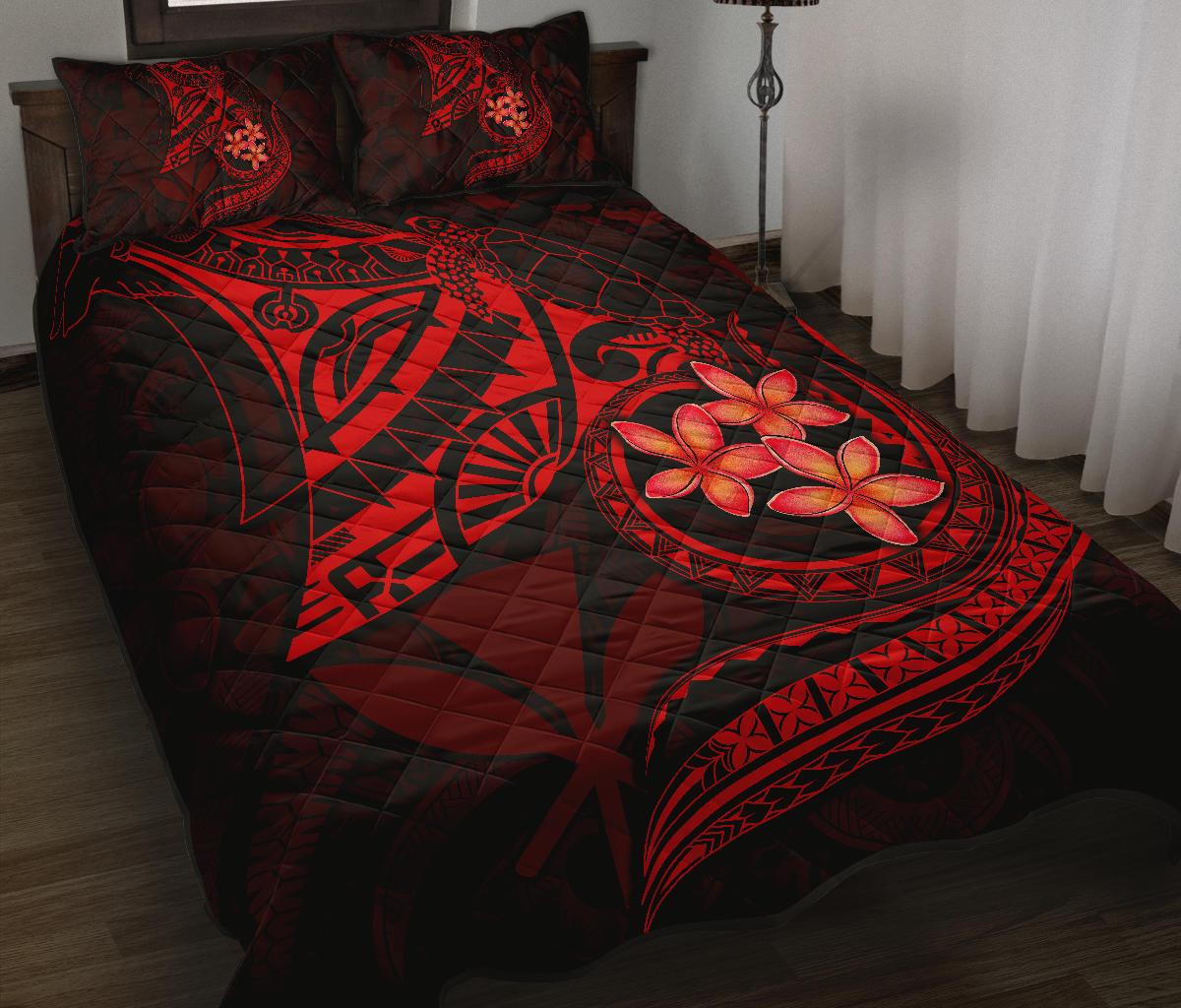 Hawaiian Polynesian Quilt Bed Set - Kanaka Maoli & Red Manta Ray Turtle Tentacle Red - Polynesian Pride