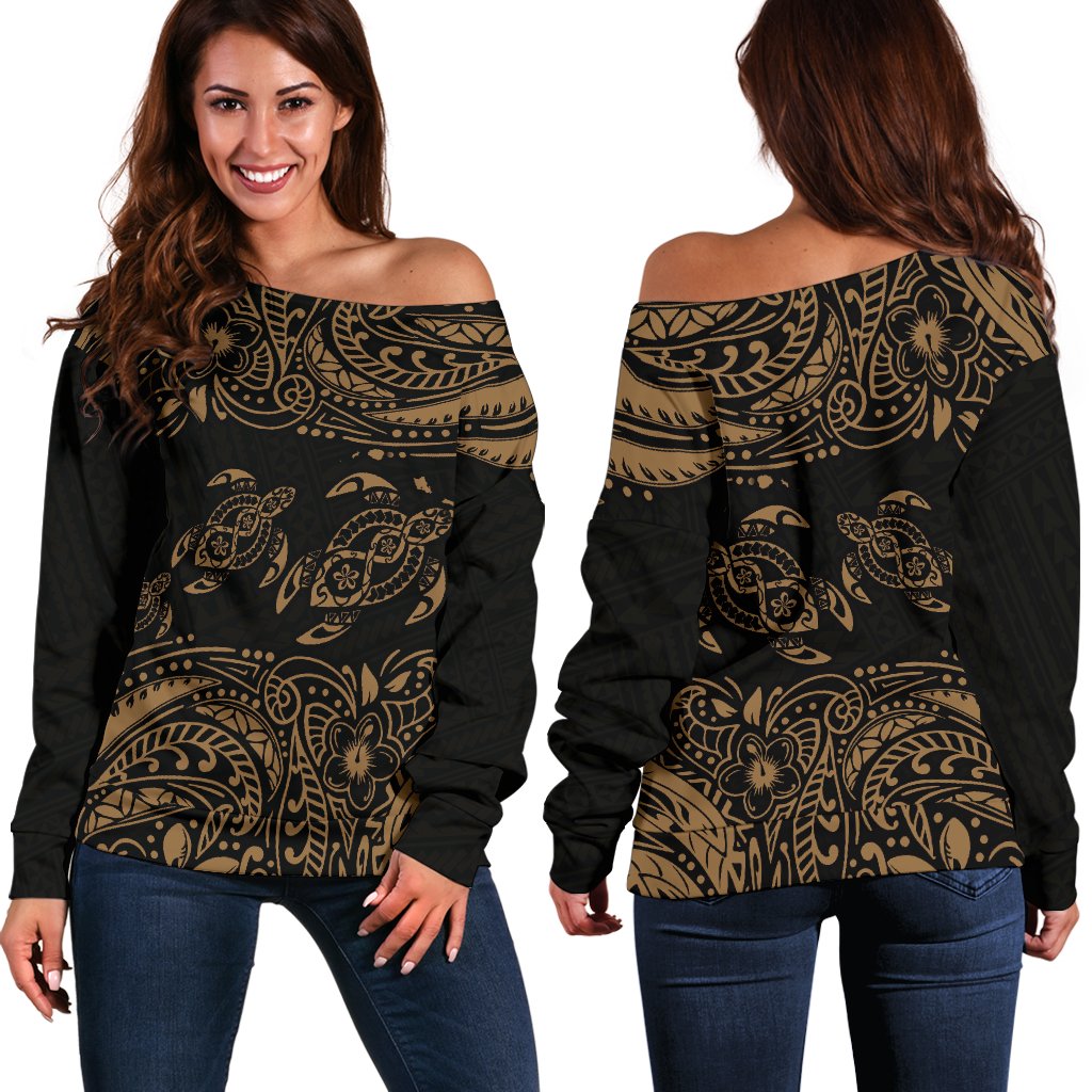 Hawaii Polynesian Women's Off Shoulder Sweater - Gold Sea Turtle Art - Polynesian Pride