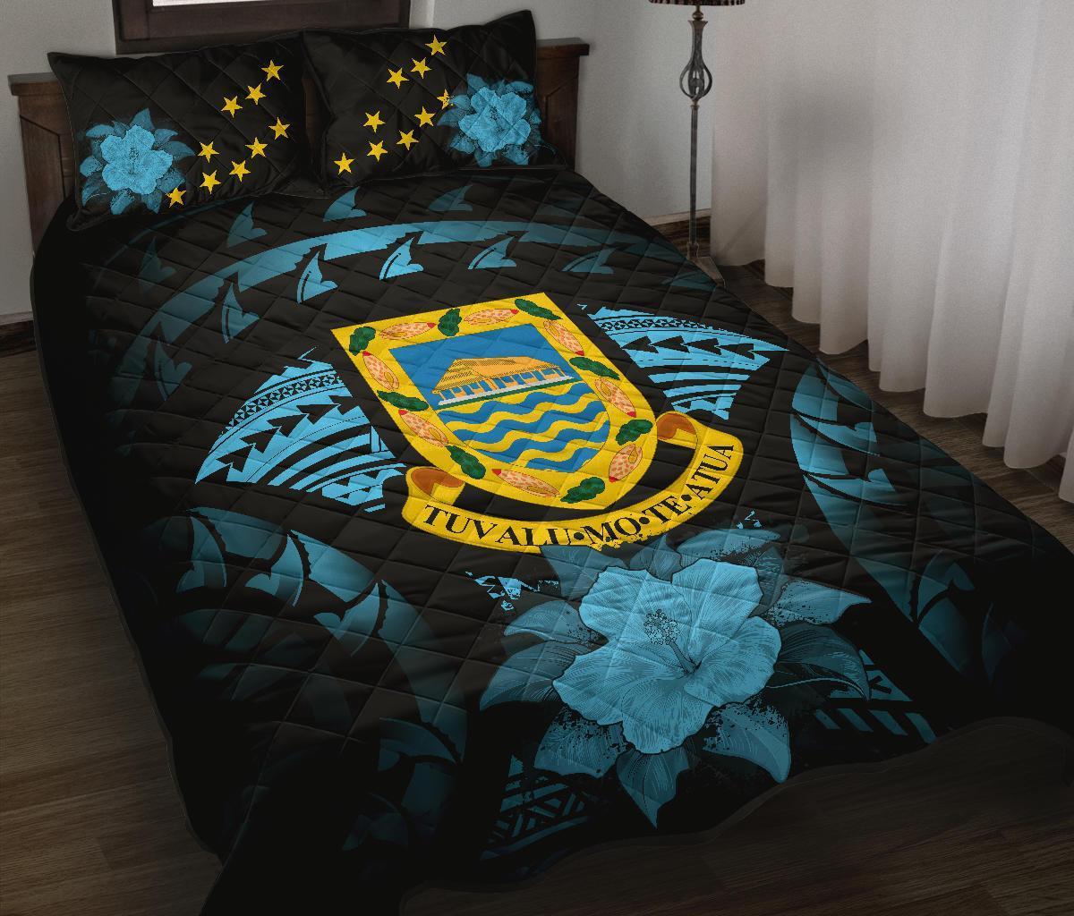 Tuvalu Polynesian Quilt Bed Set Hibiscus Blue Black - Polynesian Pride