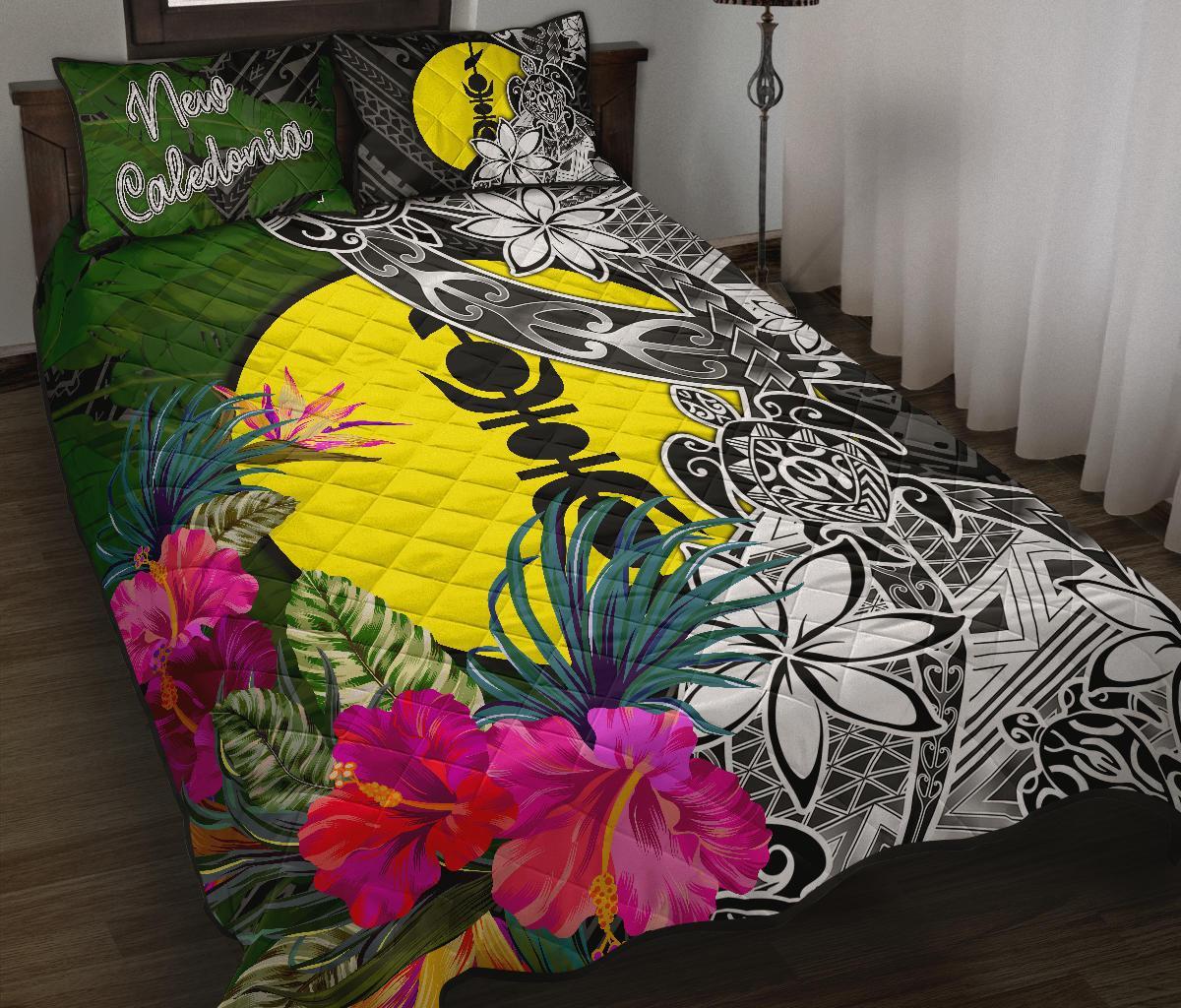 New Caledonia Quilt Bed Set - Turtle Plumeria Banana Leaf Black - Polynesian Pride