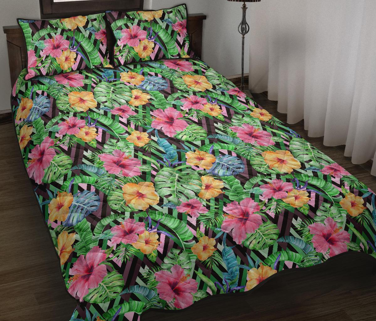 Hawaii Quilt Bed Set Tropical Hibiscus Banana Leafs AH Black - Polynesian Pride