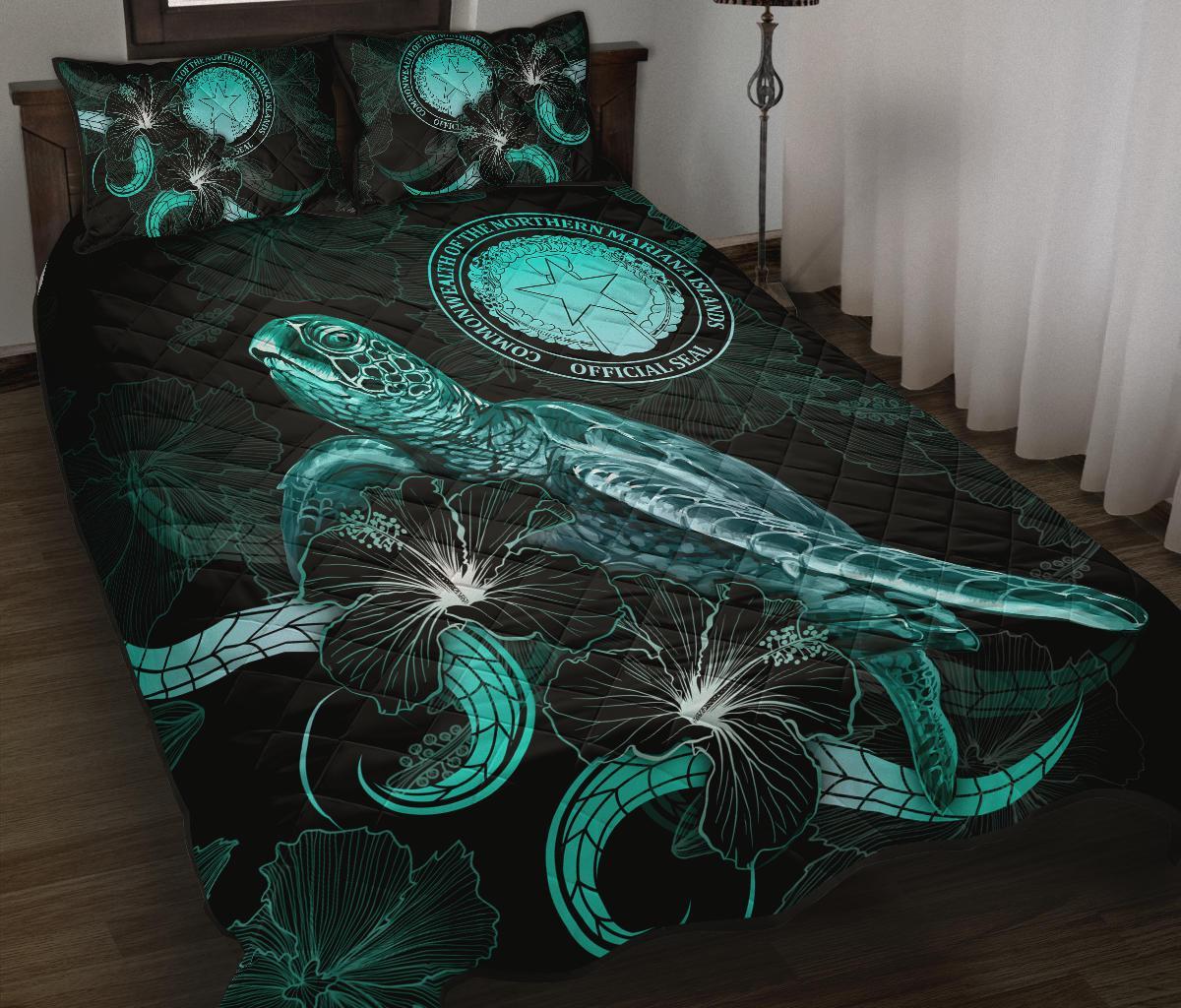 CNMI Polynesian Quilt Bed Set - Turtle With Blooming Hibiscus Turquoise Turquoise - Polynesian Pride