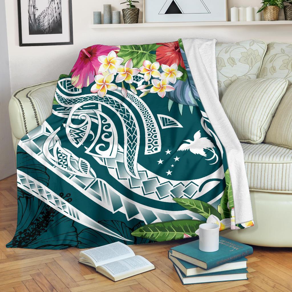 Papua New Guinea Polynesian Premium Blanket - Summer Plumeria (Turquoise) White - Polynesian Pride