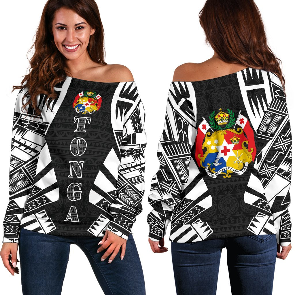 Tonga Women's Off Shoulder Sweater - Polynesian Tattoo Black Black - Polynesian Pride