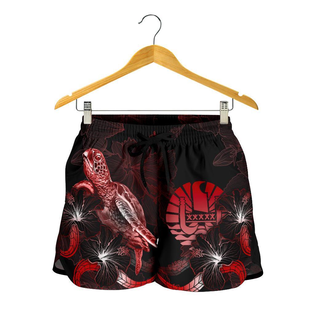 Tahiti Polynesian Women's Shorts - Turtle With Blooming Hibiscus Red - Polynesian Pride