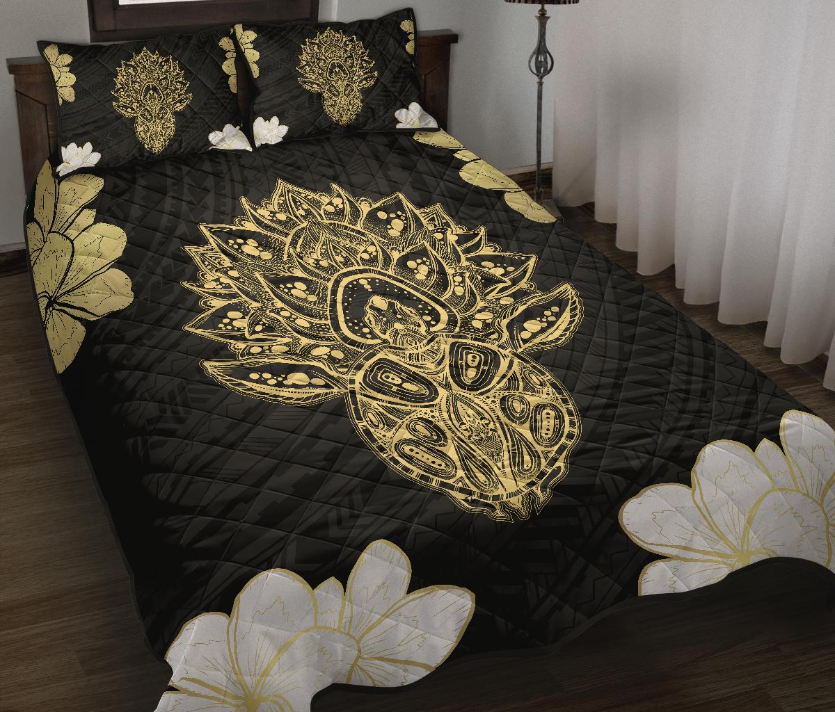 Hawaii Polynesian Turtle Mix Plumeria Gold - Quilt Bed Set AH - Polynesian Pride