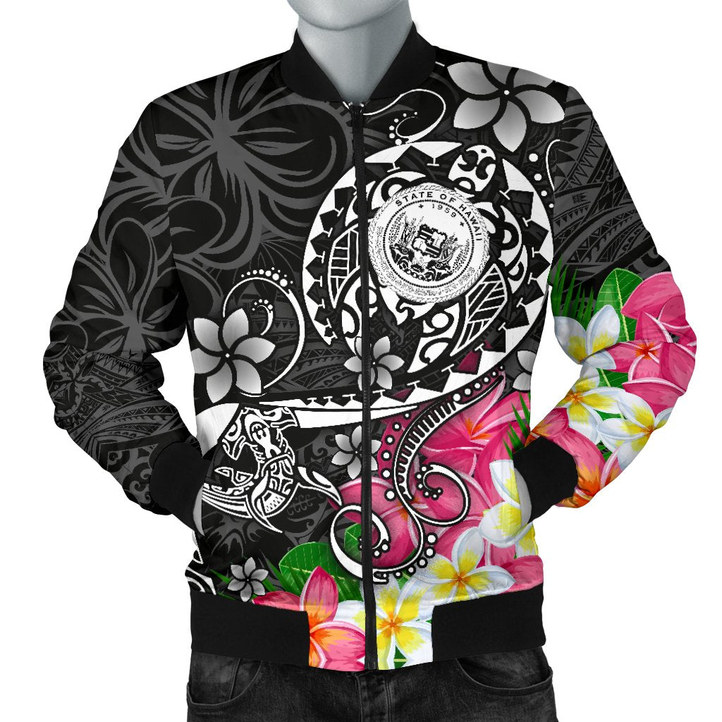 Hawaii Polynesian Men's Bomber Jacket - Hawaii Seal With Turtle Plumeria (Black) Black - Polynesian Pride