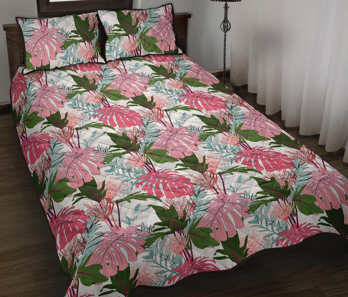 Hawaii Quilt Bed Set Pink Monstera And Green Tropical Leaves White AH Black - Polynesian Pride