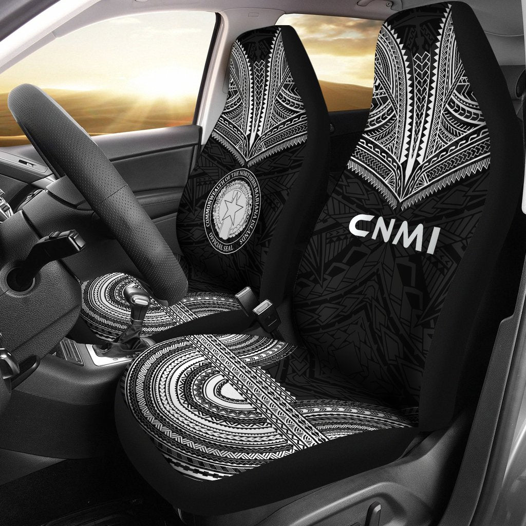 Northern Mariana Islands Car Seat Cover - C N M I Seal Polynesian Chief Tattoo Black Version Universal Fit Black - Polynesian Pride