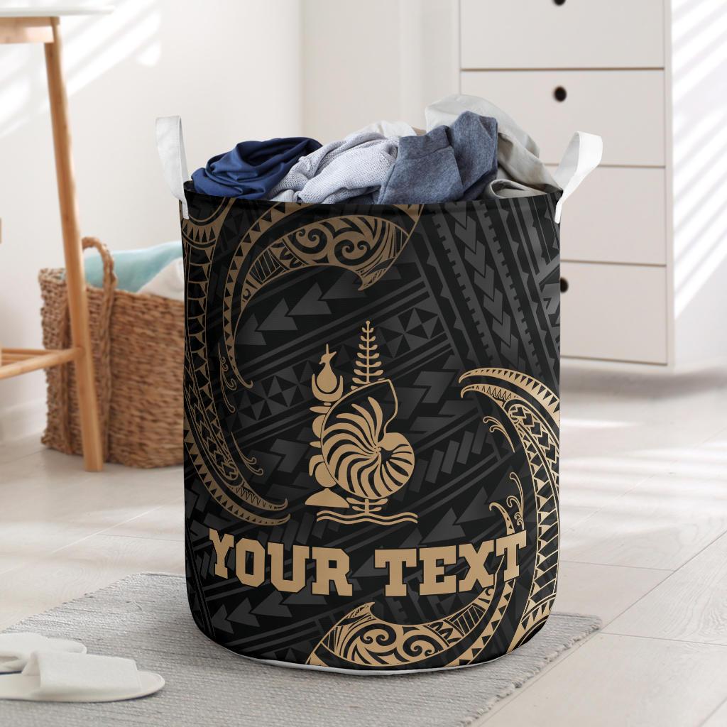 New Caledonia Polynesian Custom Personalised Laundry Basket - Gold Tribal Wave One Style One Size Black - Polynesian Pride