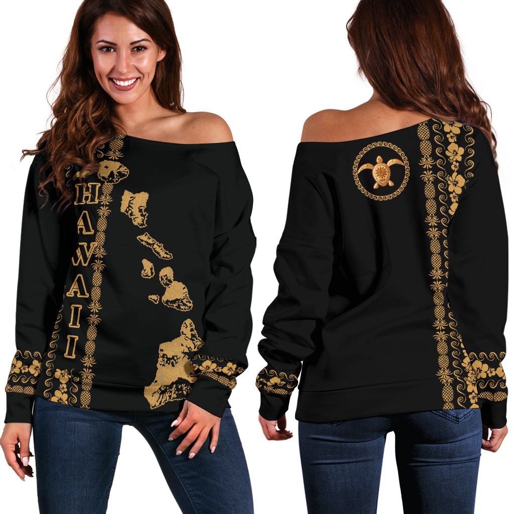 Hawaii Map Women's Off Shoulder Sweater - Turtle Style Black - Polynesian Pride