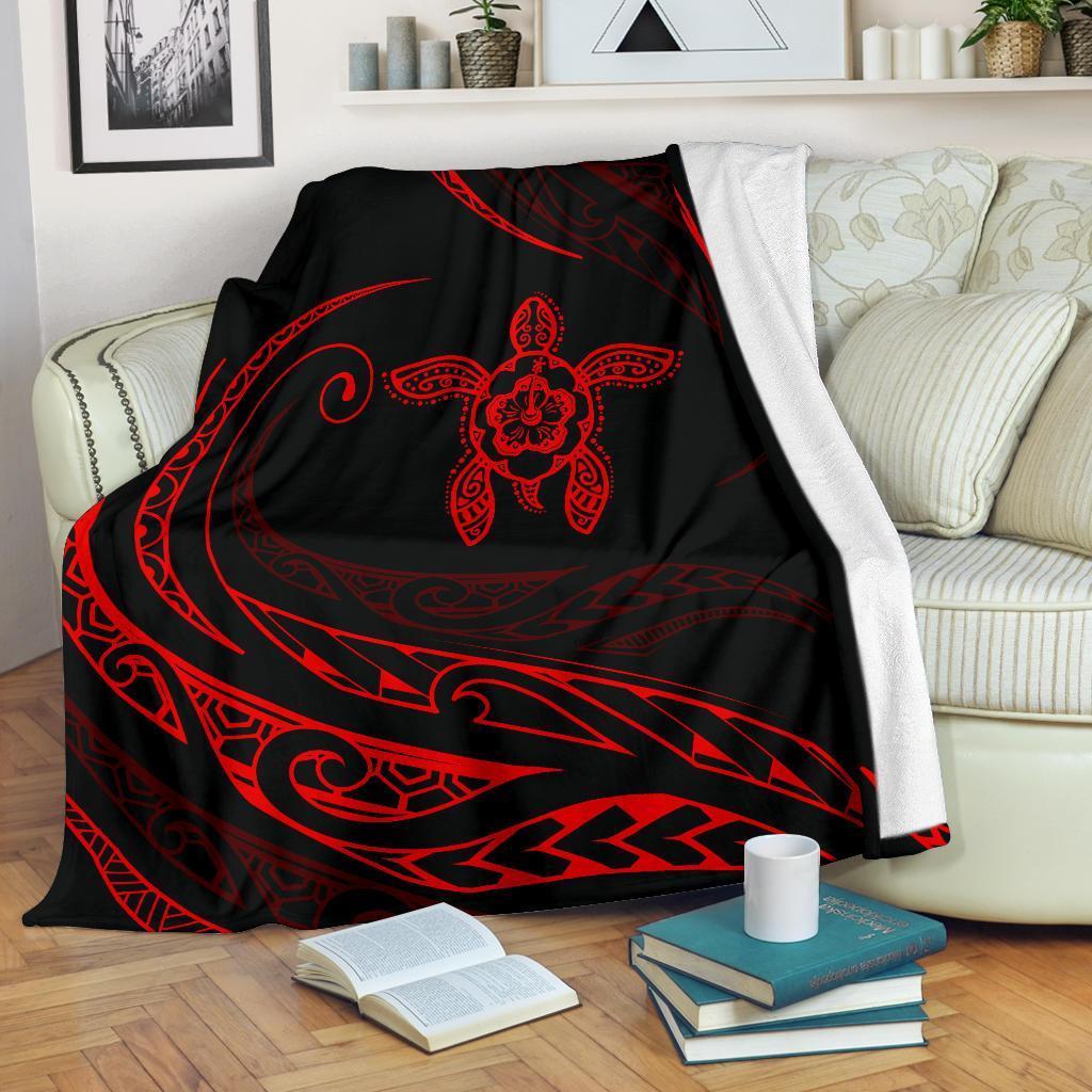Hawaii Turtle Hibicus Premium Blanket - Frida Style - Red - Polynesian Pride