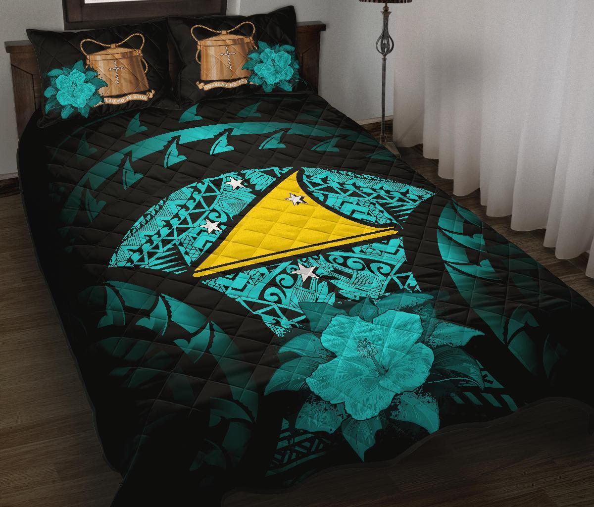 Tokelau Polynesian Quilt Bed Set Hibiscus Turquoise Black - Polynesian Pride