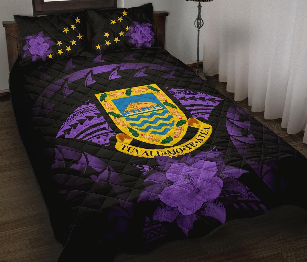 Tuvalu Polynesian Quilt Bed Set Hibiscus Purple Black - Polynesian Pride