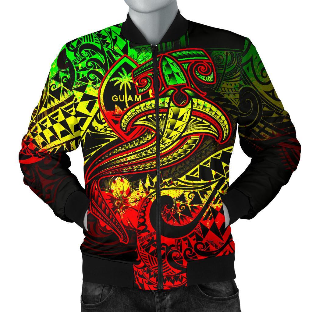 Guam Polynesian Men's Bomber Jacket - Reggae Shark Polynesian Tattoo Reggae - Polynesian Pride