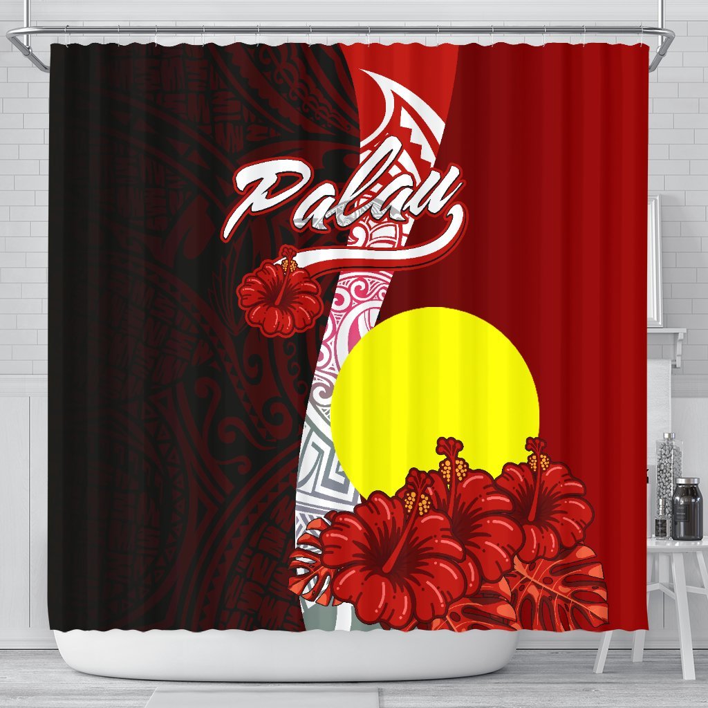 Palau Polynesian Shower Curtain - Coat Of Arm With Hibiscus 177 x 172 (cm) Red - Polynesian Pride