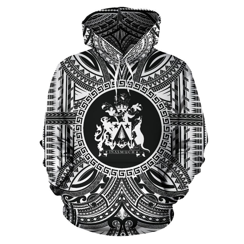 Norfolk Island ll Over Hoodie Norfolk Island Coat of rms Polynesian White Black Unisex Black - Polynesian Pride