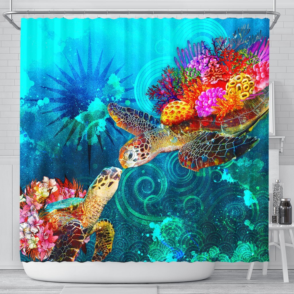 Marshall Islands Shower Curtain - Sea Turtle Coral Treasure 177 x 172 (cm) BLACK - Polynesian Pride