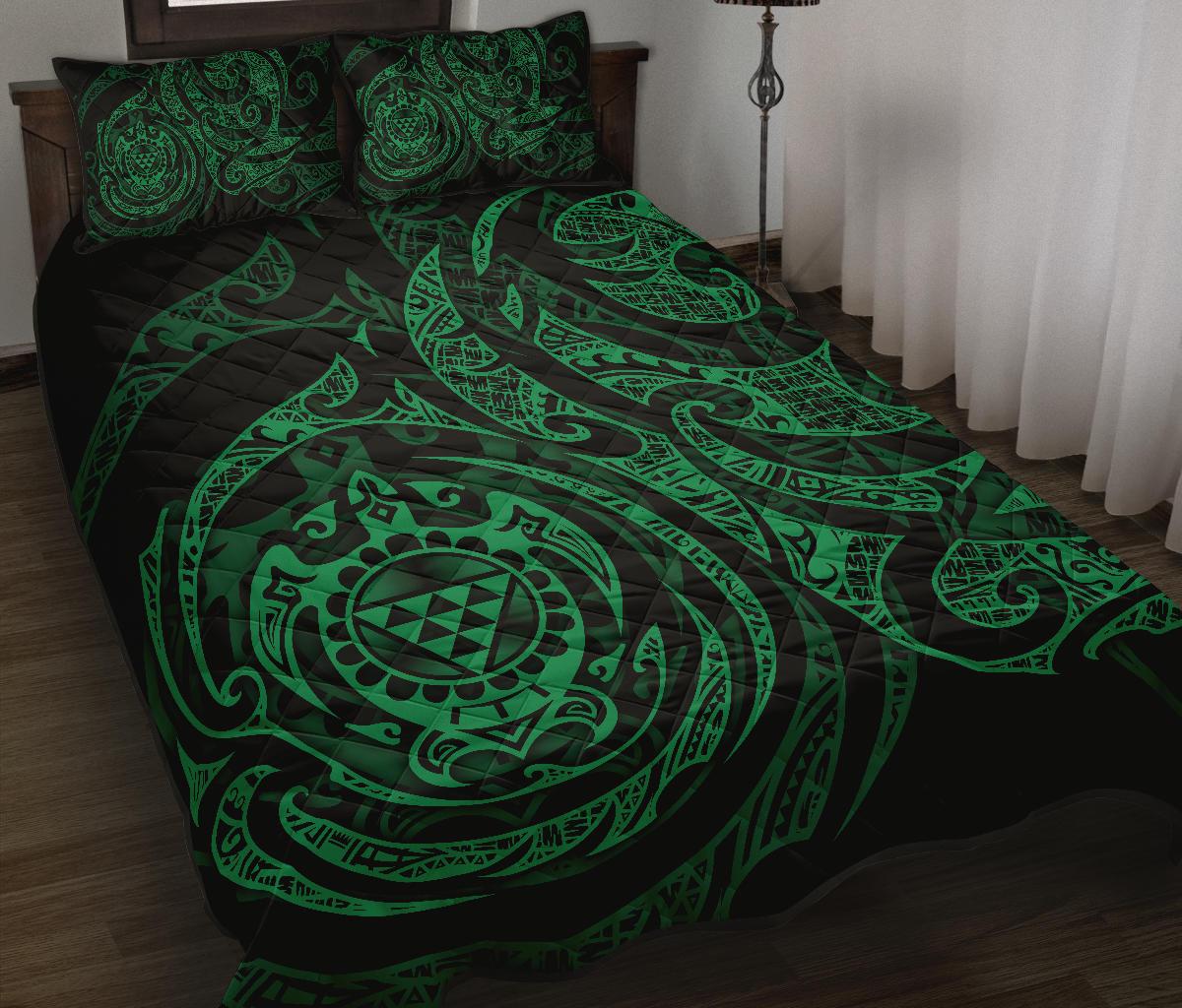 Hawaii Polynesian Quilt Bed Set - HawaiiGreen Kanaka Maoli Turtle Tribal Green - Polynesian Pride