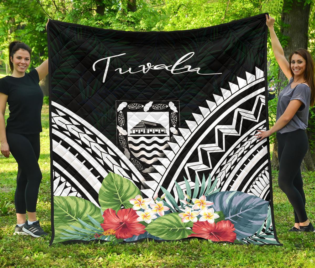 Tuvalu Premium Quilt - Tuvalu Coat of Arms & Polynesian Tropical Flowers White - Polynesian Pride