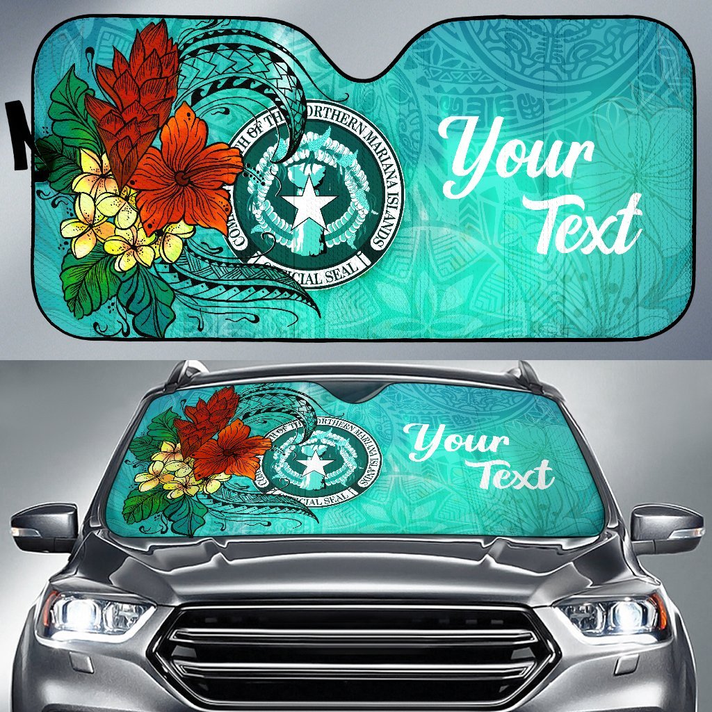Northern Mariana Islands Auto Sun Shade - Tropical Flowers Style Auto Sun Shade - Northern Mariana Islands Universal Fit Green - Polynesian Pride