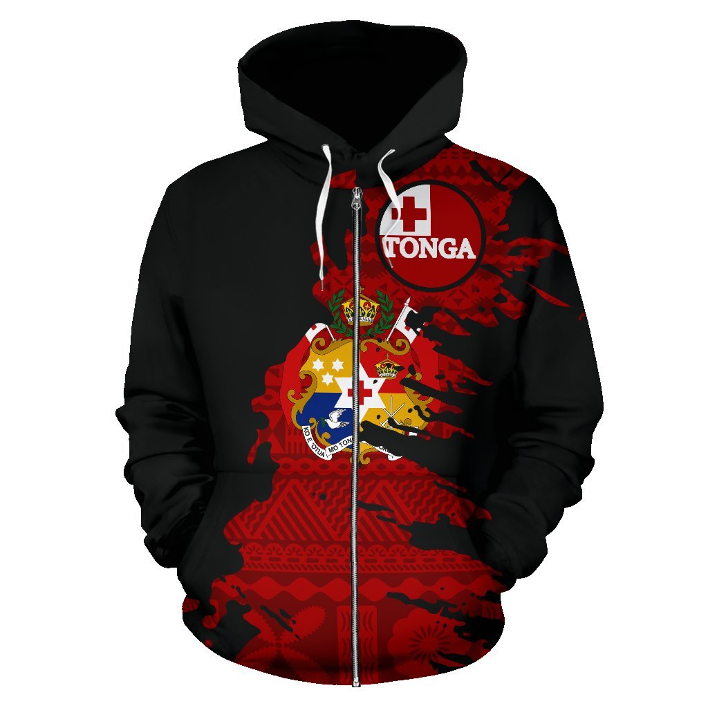 Tonga Tapa Zip up Hoodie Tonga Flag COat of Arms Painting - Polynesian Pride