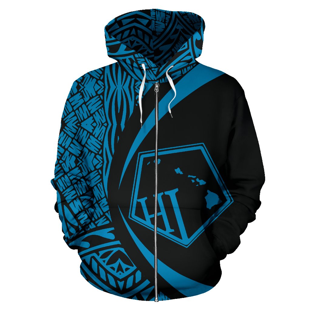 Hawaii Polynesian Zip up Hoodie Tribal Blue Color Circle Style - Polynesian Pride