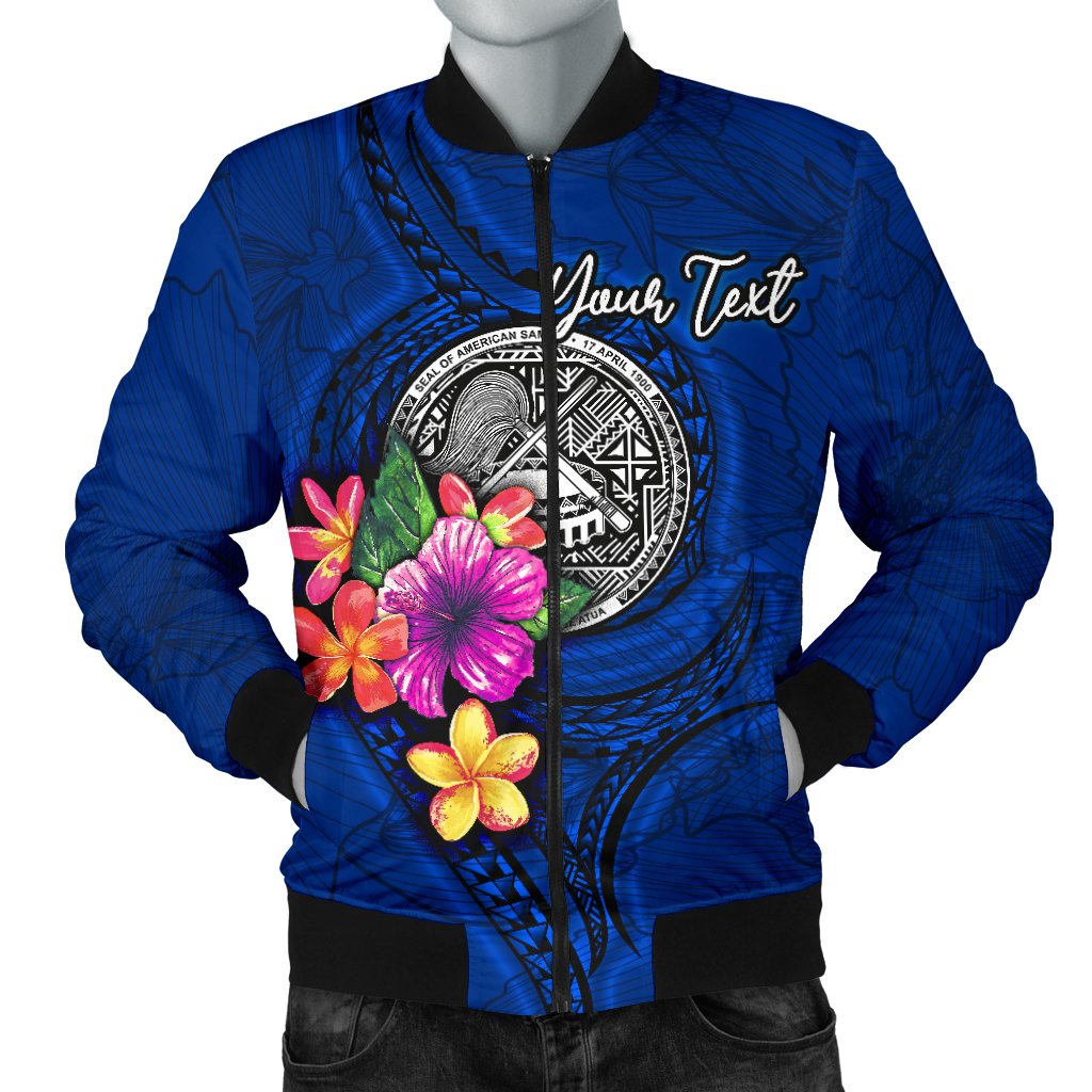 American Samoa Polynesian Custom Personalised Men's Bomber Jacket - Floral With Seal Blue Blue - Polynesian Pride