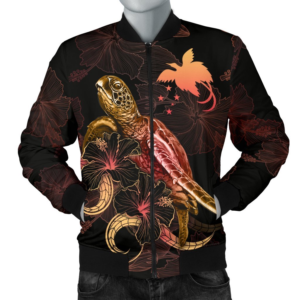 Papua New Guinea Polynesian Men's Bomber Jacket - Turtle With Blooming Hibiscus Gold Gold - Polynesian Pride