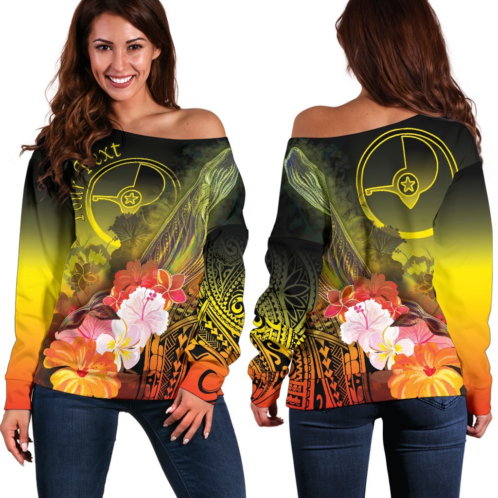 Custom Personalised Yap Women Off Shoulder Sweater - Humpback Whale with Tropical Flowers (Yellow) Yellow - Polynesian Pride