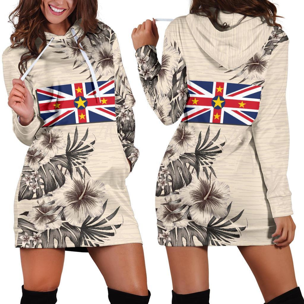 Niue Hoodie Dress - Niue Flag & Beige Hibiscus White - Polynesian Pride