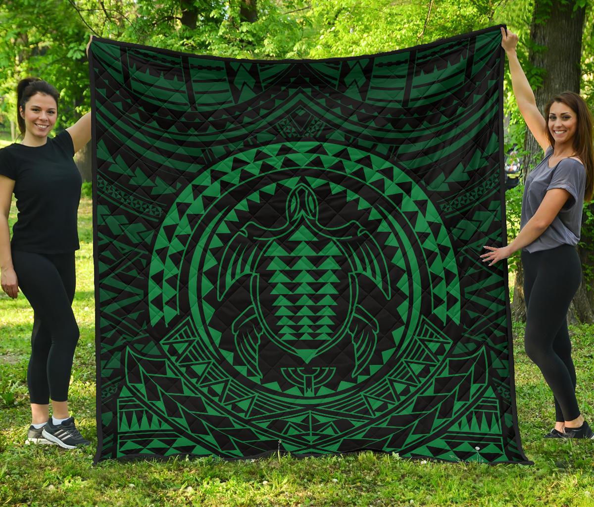 Hawaiian Kakau Honu Arc Green Polynesian Premium Quilt Green - Polynesian Pride