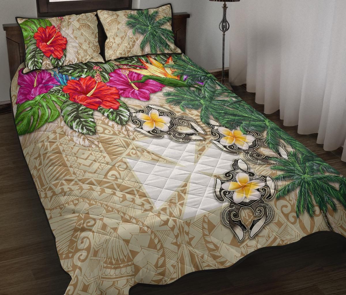 Wallis And Futuna Polynesian Quilt Bed Set - Hibiscus Turtle Tattoo Beige Beige - Polynesian Pride