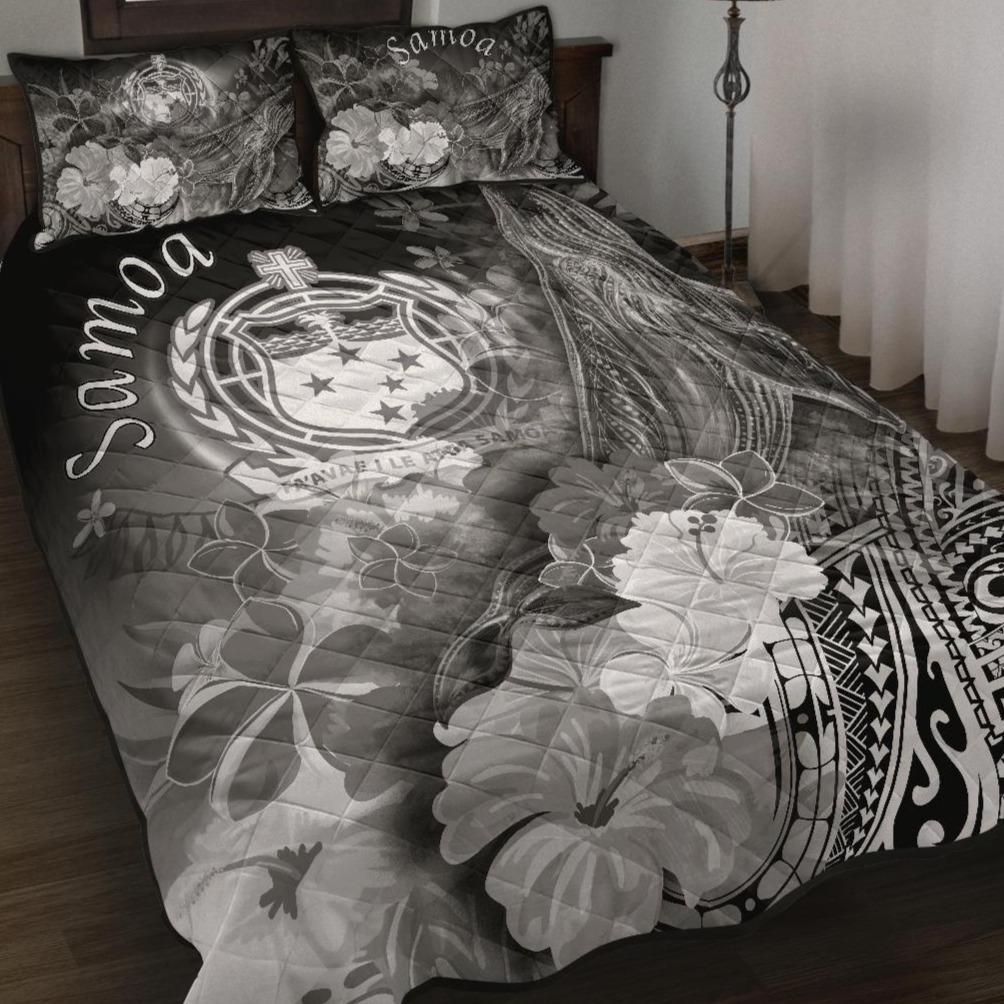 Samoa Quilt Bed Set - Humpback Whale with Tropical Flowers (White) White - Polynesian Pride