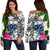 Samoa Women's Off Shoulder Sweater White - Turtle Plumeria Banana Leaf White - Polynesian Pride