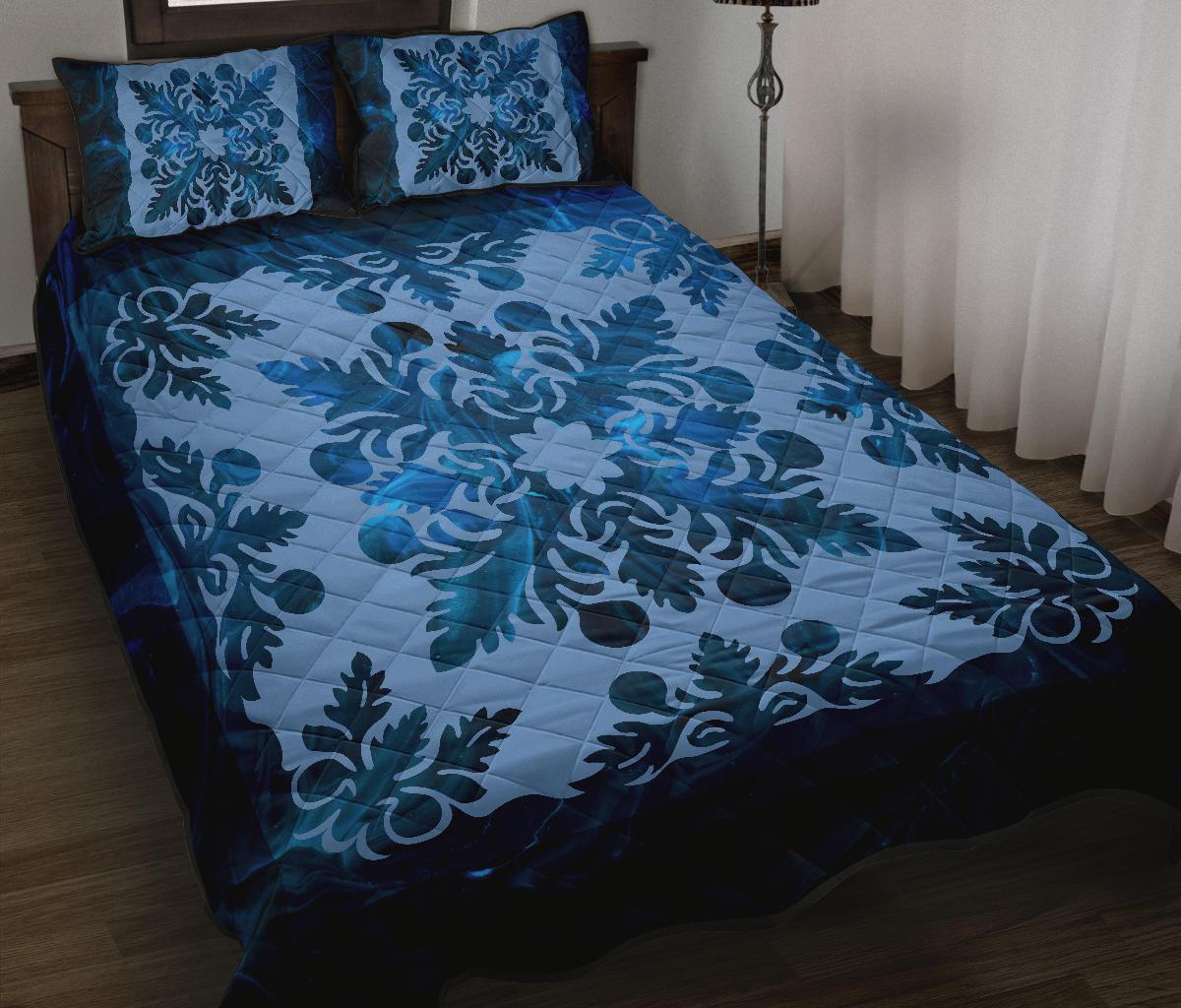 Hawaiian Quilt Double Breadfruit Quilt Bed Set - AH Blue - Polynesian Pride