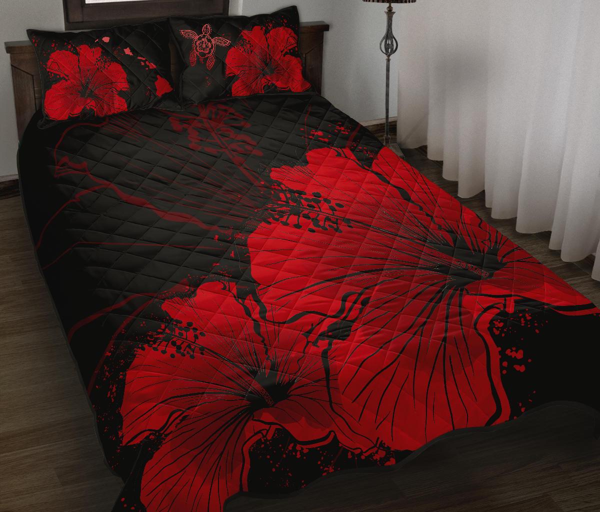 Hawaii Quilt Bed Set - Hawaii Hibiscus Black And Red Quilt Bed Set - Polynesian Pride