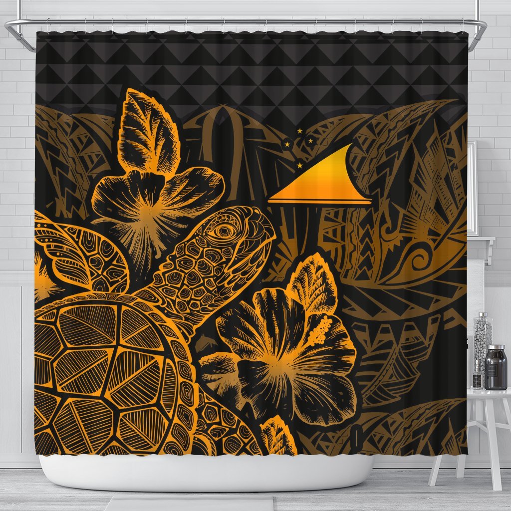 Tokelau Shower Curtain Turtle Hibiscus Gold 177 x 172 (cm) Gold - Polynesian Pride