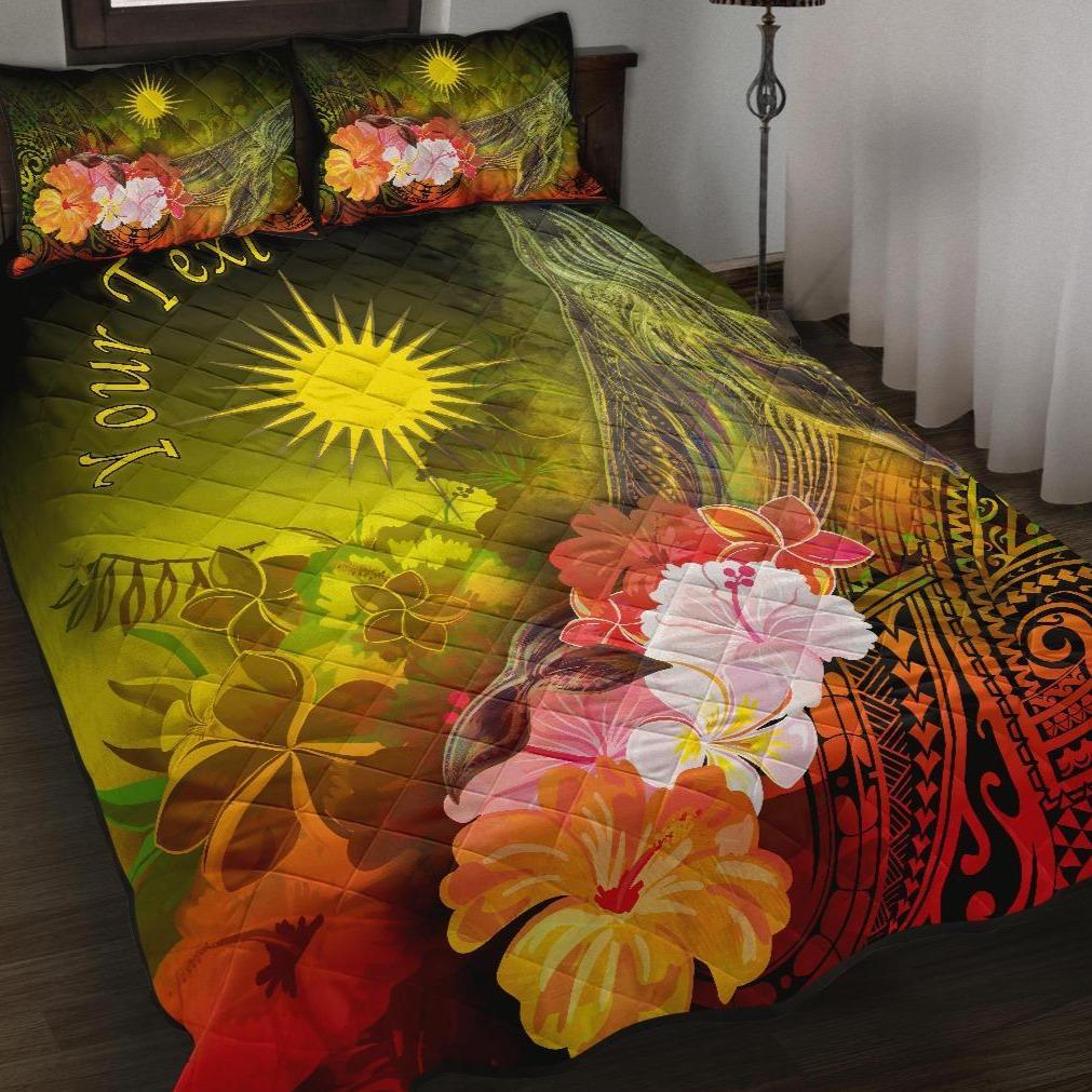 Marshall Islands Custom Personalised Quilt Bed Set - Humpback Whale with Tropical Flowers (Yellow) Yellow - Polynesian Pride