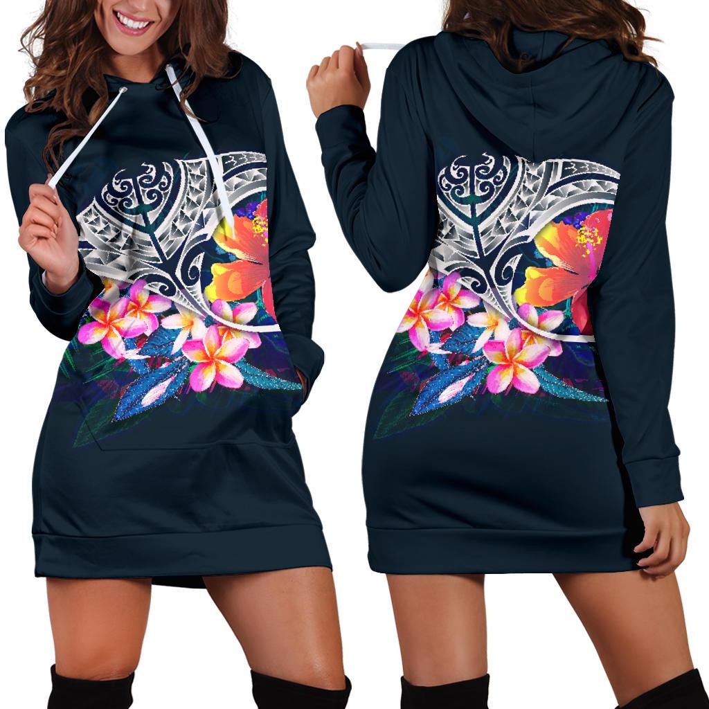 Polynesian Women's Hoodie Dress - Manta Ray And Hibiscus Blue - Polynesian Pride