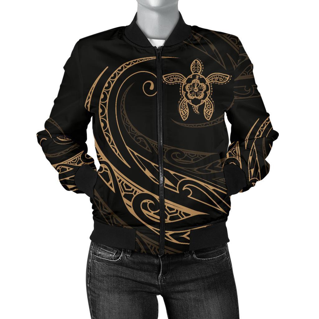 Hawaii Turtle Polynesian Women's Bomber Jacket - Gold - Frida Style Gold - Polynesian Pride