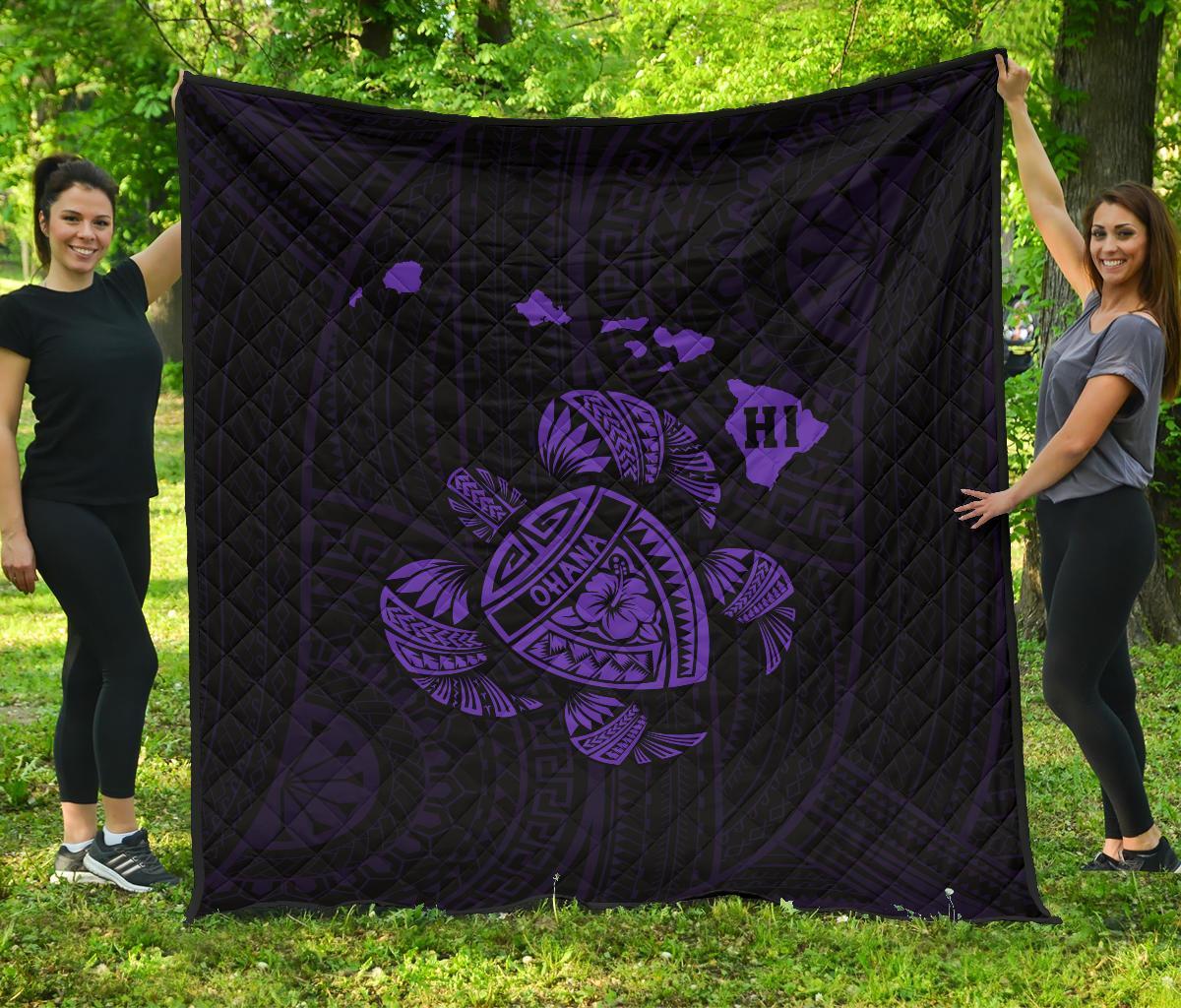 Hawaii Turtle Hibicus Map Premium Quilt - Purple Purple - Polynesian Pride