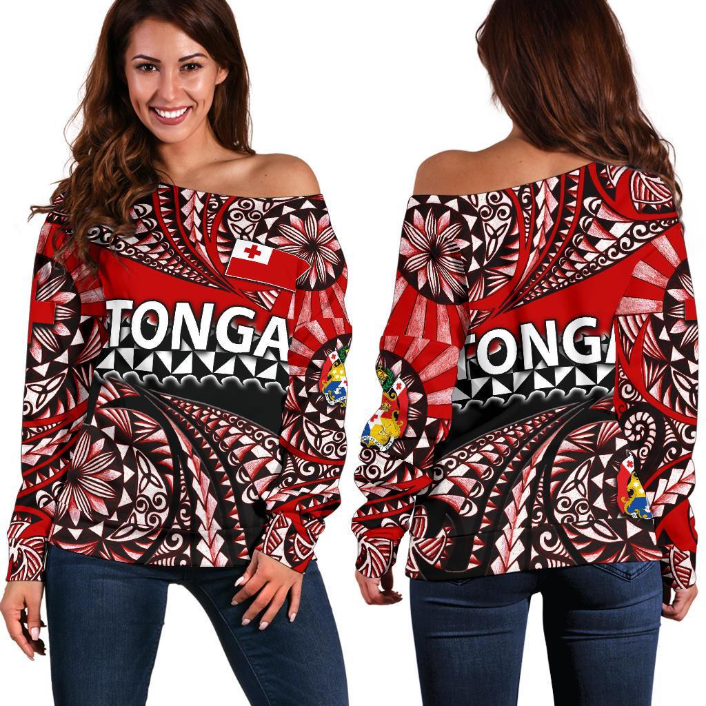 Tonga Off Shoulder Sweater Polynesian Tattoo Tongan Tapa Red - Polynesian Pride