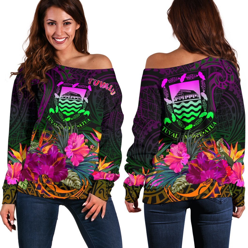 Tuvalu Women's Off Shoulder Sweater - Summer Hibiscus Art - Polynesian Pride