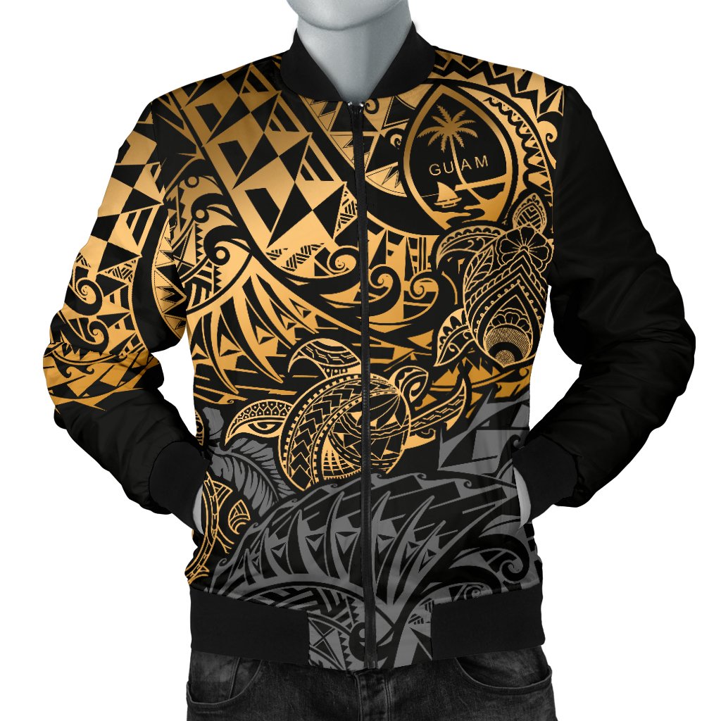 Guam Polynesian Bomber Jacket (Men) - Gold Turtle Flowing Gold - Polynesian Pride