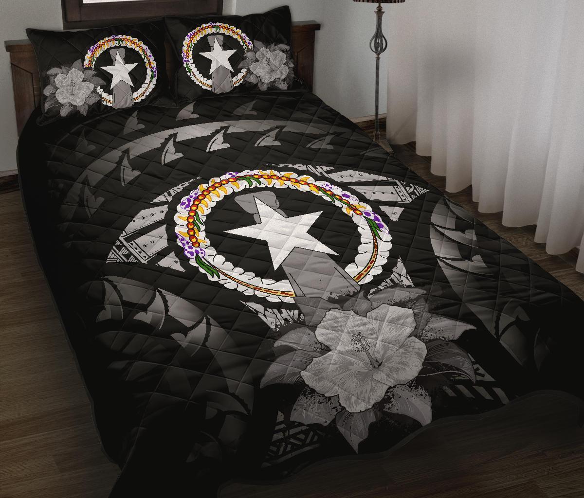 Northern Mariana Islands Polynesian Quilt Bed Set Hibiscus Gray Black - Polynesian Pride