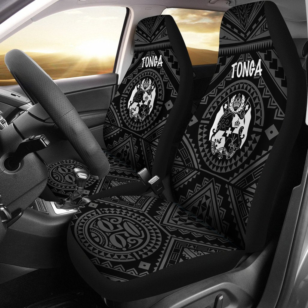 Tonga Car Seat Covers - Tonga Seal With Polynesian Tattoo Style (Black) Universal Fit Black - Polynesian Pride