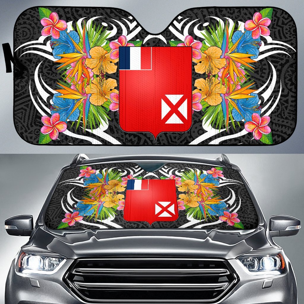 Wallis & Futuna Auto Sun Shades - Coat Of Arms With Tropical Flowers Auto Sun Shade - Wallis & Futuna Universal Fit Black - Polynesian Pride